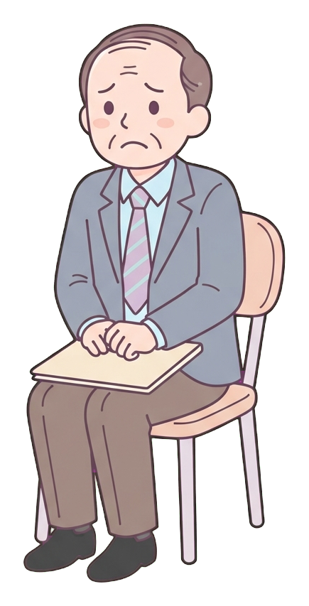 Simple cute flat cartoon illustration with soft pastel colors and thin clean dark outlines of a middle-aged man, job applicant sitting nervously in a chair holding a resume folder, transparent background PNG