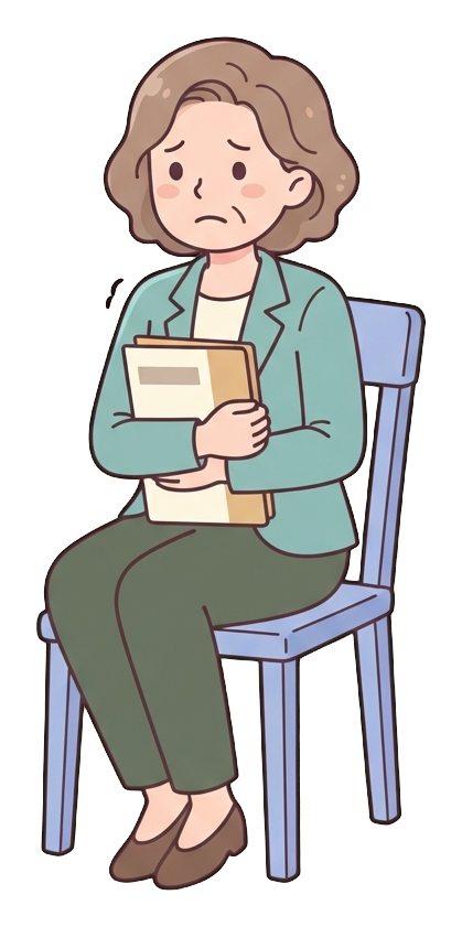 Simple cute flat cartoon illustration with soft pastel colors and thin clean dark outlines of a middle-aged woman, job applicant sitting nervously in a chair holding a resume folder, transparent background PNG