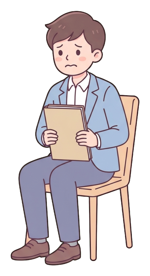 Simple cute flat cartoon illustration with soft pastel colors and thin clean dark outlines of a young man, job applicant sitting nervously in a chair holding a resume folder, transparent background PNG