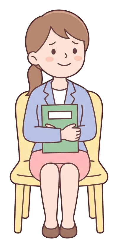 Simple cute flat cartoon illustration with soft pastel colors and thin clean dark outlines of a young woman, job applicant sitting nervously in a chair holding a resume folder, transparent background PNG