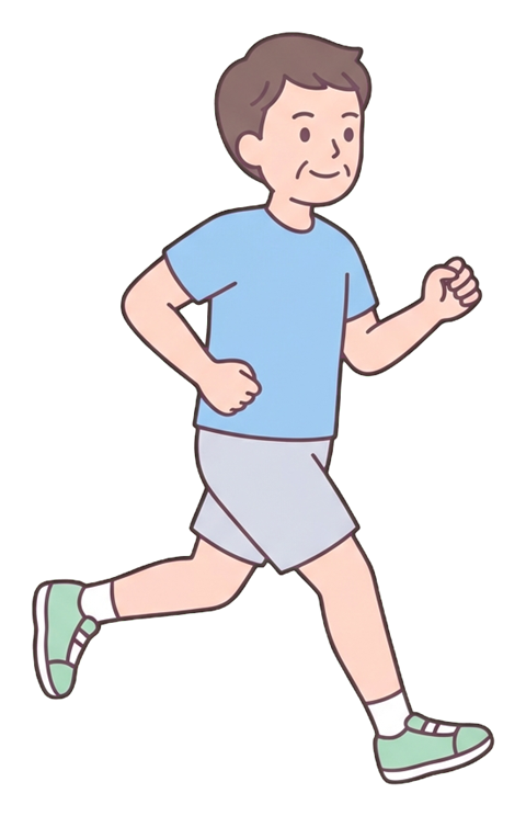 Simple cute flat cartoon illustration with soft pastel colors and thin clean dark outlines of a middle-aged man, person jogging in sportswear, transparent background PNG
