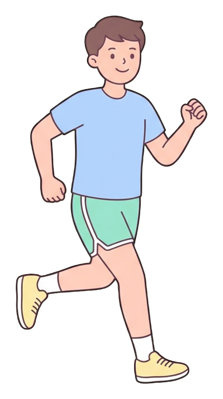 Simple cute flat cartoon illustration with soft pastel colors and thin clean dark outlines of a young man, person jogging in sportswear, transparent background PNG