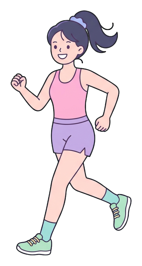 Simple cute flat cartoon illustration with soft pastel colors and thin clean dark outlines of a young woman, person jogging in sportswear, transparent background PNG