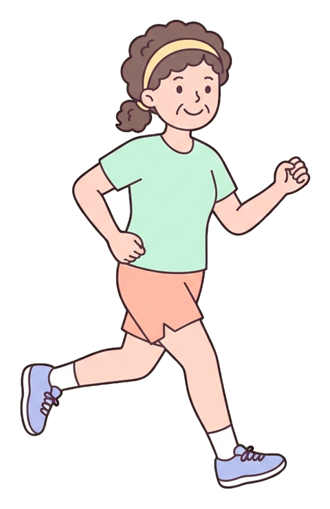 Simple cute flat cartoon illustration with soft pastel colors and thin clean dark outlines of a middle-aged woman, person jogging in sportswear, transparent background PNG
