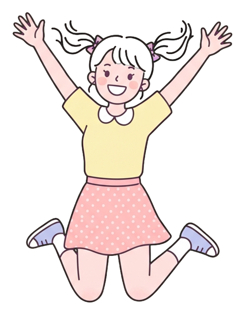 활짝 웃으며 기뻐 뛰는 사람, 20대 여성, 귀여운 플랫 만화 일러스트, 투명 배경(누끼) PNG