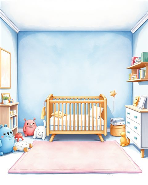 Watercolor illustration of A bright and cozy children's bedroom decorated with pastel toys, a wooden crib, and a soft rug., wide shot with open space at the top for text, cool blue tones, quiet atmosphere, 4:5 aspect ratio