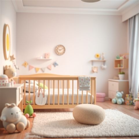 Soft 3D render of A bright and cozy children's bedroom decorated with pastel toys, a wooden crib, and a soft rug., close-up detail with shallow depth of field, misty morning haze, dreamy, 1:1 aspect ratio