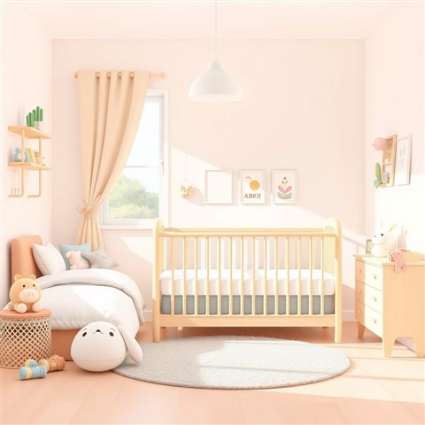 Minimal flat illustration of A bright and cozy children's bedroom decorated with pastel toys, a wooden crib, and a soft rug., close-up detail with shallow depth of field, soft pastel colors, bright and cozy, 1:1 aspect ratio