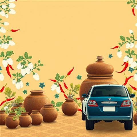 Photorealistic photo of A traditional Korean folk art pattern featuring stylized white radishes, red chili peppers, and traditional earthenware pots., wide shot with open space at the top for text, warm golden light, calm mood, 1:1 aspect ratio