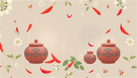Soft 3D render of A traditional Korean folk art pattern featuring stylized white radishes, red chili peppers, and traditional earthenware pots., centered subject with a simple uncluttered composition, misty morning haze, dreamy, 16:9 aspect ratio