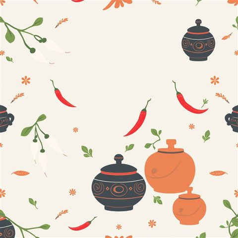 Minimal flat illustration of A traditional Korean folk art pattern featuring stylized white radishes, red chili peppers, and traditional earthenware pots., wide shot with open space at the top for text, soft pastel colors, bright and cozy, 1:1 aspect ratio