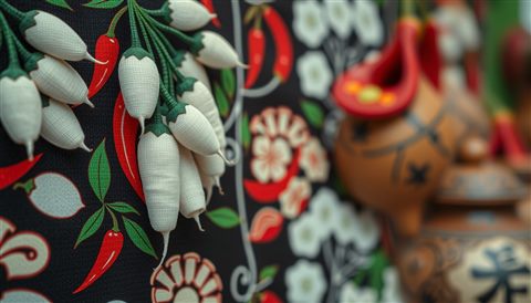 Cinematic film still of A traditional Korean folk art pattern featuring stylized white radishes, red chili peppers, and traditional earthenware pots., close-up detail with shallow depth of field, vivid colors, high contrast, energetic, 16:9 aspect ratio