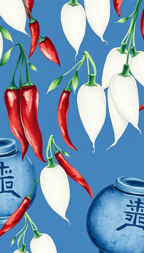 Watercolor illustration of A traditional Korean folk art pattern featuring stylized white radishes, red chili peppers, and traditional earthenware pots., close-up detail with shallow depth of field, cool blue tones, quiet atmosphere, 9:16 aspect ratio