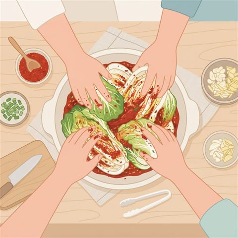Minimal flat illustration of making kimchi together with red pepper paste and cabbage, hands only, high-angle view from above, soft pastel colors, bright and cozy, 1:1 aspect ratio