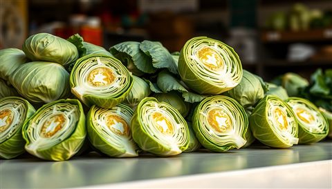 Photorealistic photo of Freshly harvested green napa cabbages halved and piled neatly on a clean surface, close-up detail with shallow depth of field, warm golden light, calm mood, 16:9 aspect ratio
