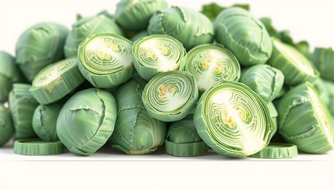 Minimal flat illustration of Freshly harvested green napa cabbages halved and piled neatly on a clean surface, close-up detail with shallow depth of field, soft pastel colors, bright and cozy, 16:9 aspect ratio