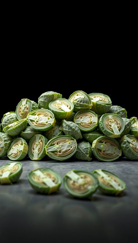 Photorealistic photo of Freshly harvested green napa cabbages halved and piled neatly on a clean surface, wide shot with open space at the top for text, moody dark tones, dramatic lighting, 9:16 aspect ratio