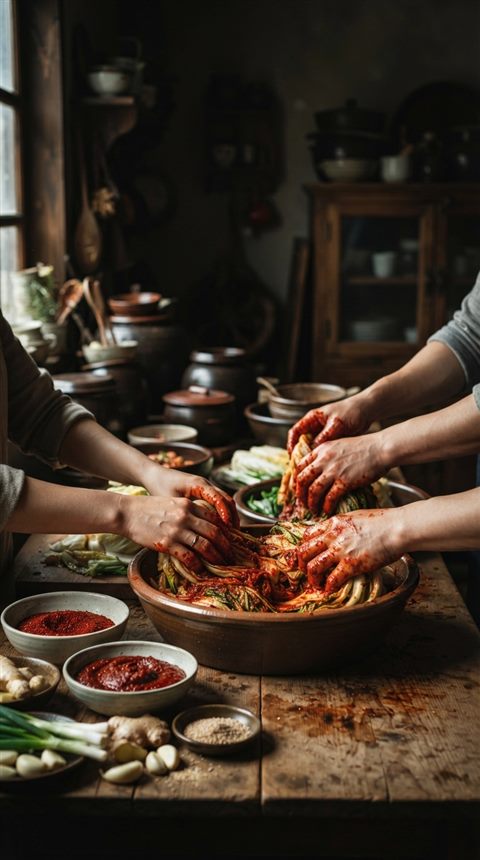 Photorealistic photo of making kimchi together with red pepper paste and cabbage, hands only, wide shot with open space at the top for text, moody dark tones, dramatic lighting, 9:16 aspect ratio