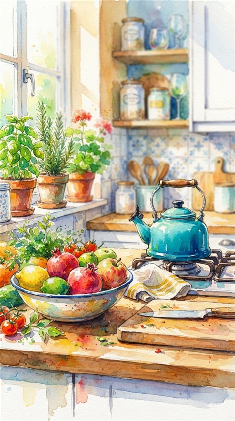 Watercolor illustration of a clean bright kitchen, close-up detail with shallow depth of field, vivid colors, high contrast, energetic, 9:16 aspect ratio