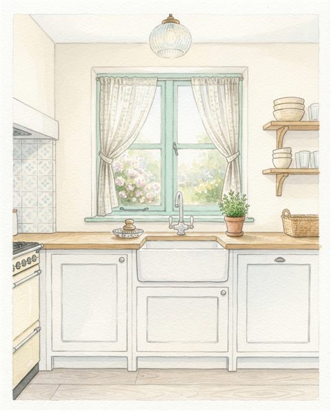 Watercolor illustration of a clean bright kitchen, centered subject with a simple uncluttered composition, soft pastel colors, bright and cozy, 4:5 aspect ratio