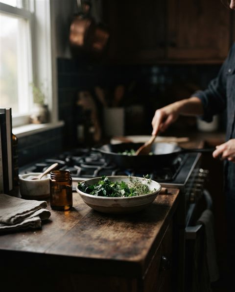Cinematic film still of a clean bright kitchen, close-up detail with shallow depth of field, moody dark tones, dramatic lighting, 4:5 aspect ratio