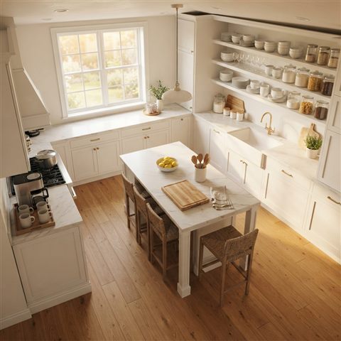 Photorealistic photo of a clean bright kitchen, high-angle view from above, warm golden light, calm mood, 1:1 aspect ratio