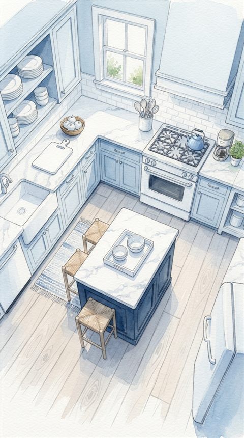 Watercolor illustration of a clean bright kitchen, high-angle view from above, cool blue tones, quiet atmosphere, 9:16 aspect ratio