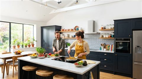 Photorealistic photo of a clean bright kitchen, wide shot with open space at the top for text, vivid colors, high contrast, energetic, 16:9 aspect ratio