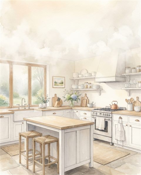 Watercolor illustration of a clean bright kitchen, wide shot with open space at the top for text, misty morning haze, dreamy, 4:5 aspect ratio