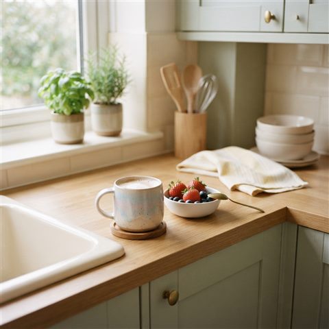 Photorealistic photo of a clean bright kitchen, close-up detail with shallow depth of field, soft pastel colors, bright and cozy, 1:1 aspect ratio