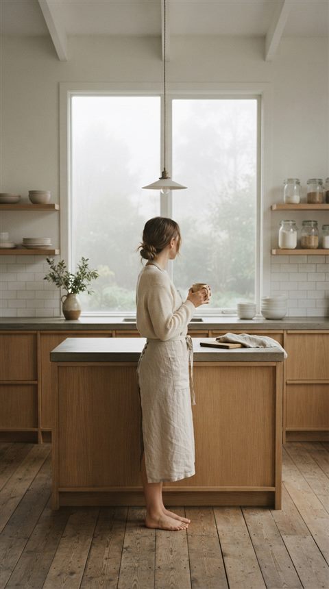 Cinematic film still of a clean bright kitchen, centered subject with a simple uncluttered composition, misty morning haze, dreamy, 9:16 aspect ratio