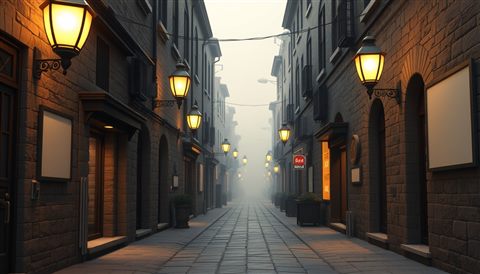 Soft 3D render of A quiet, narrow old alleyway with vintage stone walls and warm glowing street lamps, wide shot with open space at the top for text, misty morning haze, dreamy, 16:9 aspect ratio