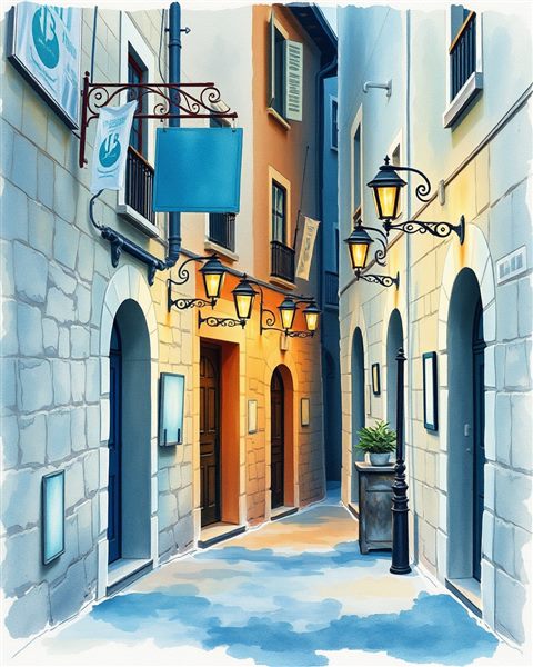 Watercolor illustration of A quiet, narrow old alleyway with vintage stone walls and warm glowing street lamps, close-up detail with shallow depth of field, cool blue tones, quiet atmosphere, 4:5 aspect ratio