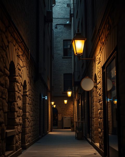 Photorealistic photo of A quiet, narrow old alleyway with vintage stone walls and warm glowing street lamps, close-up detail with shallow depth of field, moody dark tones, dramatic lighting, 4:5 aspect ratio