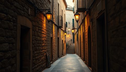 Photorealistic photo of A quiet, narrow old alleyway with vintage stone walls and warm glowing street lamps, wide shot with open space at the top for text, warm golden light, calm mood, 16:9 aspect ratio