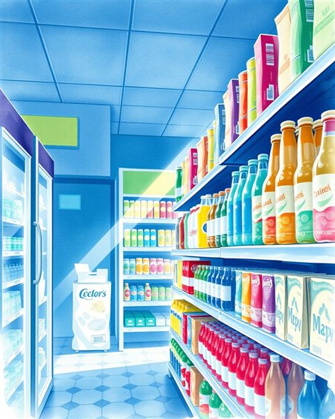 Watercolor illustration of A brightly lit convenience store interior shelf neatly stacked with colorful packaged snacks and bottled drinks., close-up detail with shallow depth of field, cool blue tones, quiet atmosphere, 4:5 aspect ratio