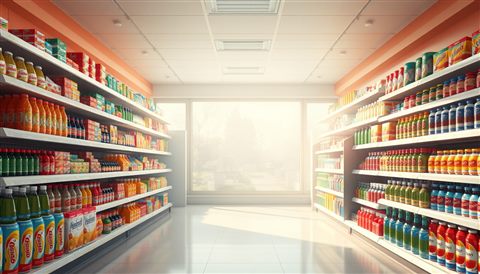 Soft 3D render of A brightly lit convenience store interior shelf neatly stacked with colorful packaged snacks and bottled drinks., wide shot with open space at the top for text, misty morning haze, dreamy, 16:9 aspect ratio