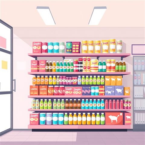 Minimal flat illustration of A brightly lit convenience store interior shelf neatly stacked with colorful packaged snacks and bottled drinks., centered subject with a simple uncluttered composition, soft pastel colors, bright and cozy, 1:1 aspect ratio