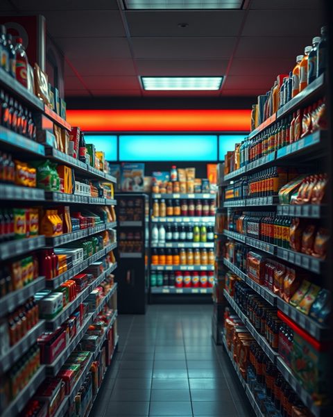 Photorealistic photo of A brightly lit convenience store interior shelf neatly stacked with colorful packaged snacks and bottled drinks., close-up detail with shallow depth of field, moody dark tones, dramatic lighting, 4:5 aspect ratio