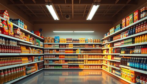 Photorealistic photo of A brightly lit convenience store interior shelf neatly stacked with colorful packaged snacks and bottled drinks., wide shot with open space at the top for text, warm golden light, calm mood, 16:9 aspect ratio