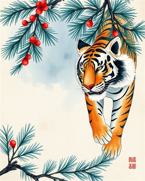 Watercolor illustration of Traditional oriental art featuring stylized colorful tigers and pine branches on aged textured paper., close-up detail with shallow depth of field, cool blue tones, quiet atmosphere, 4:5 aspect ratio