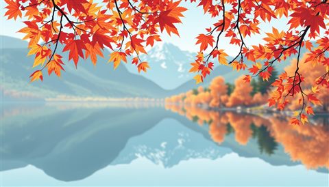 Minimal flat illustration of A serene landscape showcasing vibrant autumn maple leaves reflecting on a clear mountain lake, close-up detail with shallow depth of field, soft pastel colors, bright and cozy, 16:9 aspect ratio