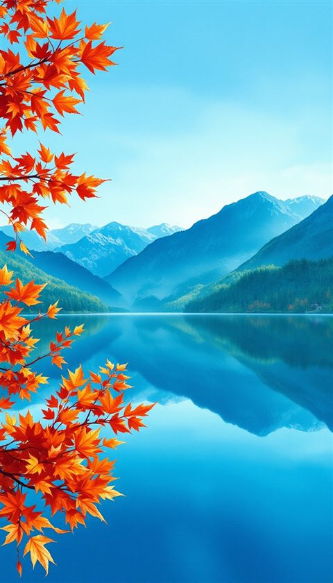 Watercolor illustration of A serene landscape showcasing vibrant autumn maple leaves reflecting on a clear mountain lake, wide shot with open space at the top for text, cool blue tones, quiet atmosphere, 9:16 aspect ratio