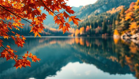 Photorealistic photo of A serene landscape showcasing vibrant autumn maple leaves reflecting on a clear mountain lake, close-up detail with shallow depth of field, warm golden light, calm mood, 16:9 aspect ratio