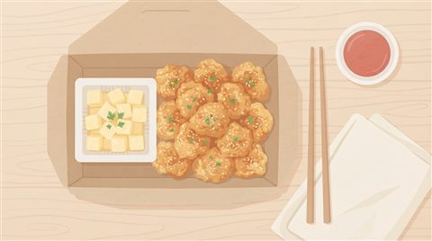 치킨무와 함께 상자에 담긴 바삭한 치킨, 미니멀 플랫 일러스트, 위에서 내려다본 구도, 부드러운 파스텔 색감, 밝고 포근한 분위기, 16:9 비율