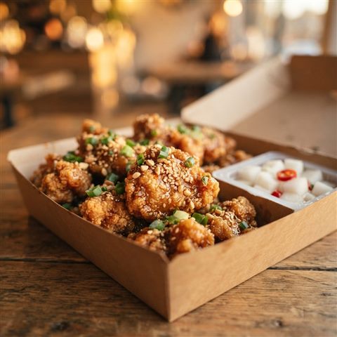 치킨무와 함께 상자에 담긴 바삭한 치킨, 사실적인 사진, 가까이 담은 디테일, 얕은 심도, 따뜻한 황금빛, 차분한 분위기, 1:1 비율