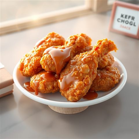 접시 위에 매끄러운 양념이 먹음직스럽게 발린 바삭한 황금빛 치킨 조각들, 부드러운 3D 렌더링, 단순하고 깔끔한 구도 가운데 놓인 피사체, 아침 안개, 몽환적인 분위기, 1:1 비율