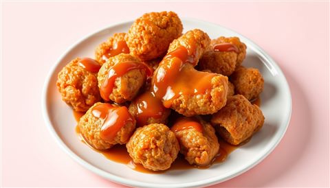 접시 위에 매끄러운 양념이 먹음직스럽게 발린 바삭한 황금빛 치킨 조각들, 미니멀 플랫 일러스트, 위쪽에 글자 넣을 여백이 있는 넓은 구도, 부드러운 파스텔 색감, 밝고 포근한 분위기, 16:9 비율