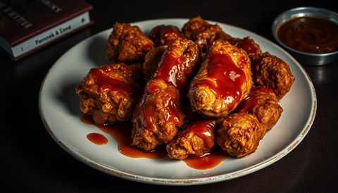 접시 위에 매끄러운 양념이 먹음직스럽게 발린 바삭한 황금빛 치킨 조각들, 사실적인 사진, 위에서 내려다본 구도, 어두운 톤, 극적인 조명, 16:9 비율