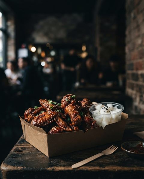 치킨무와 함께 상자에 담긴 바삭한 치킨, 사실적인 사진, 위쪽에 글자 넣을 여백이 있는 넓은 구도, 어두운 톤, 극적인 조명, 4:5 비율